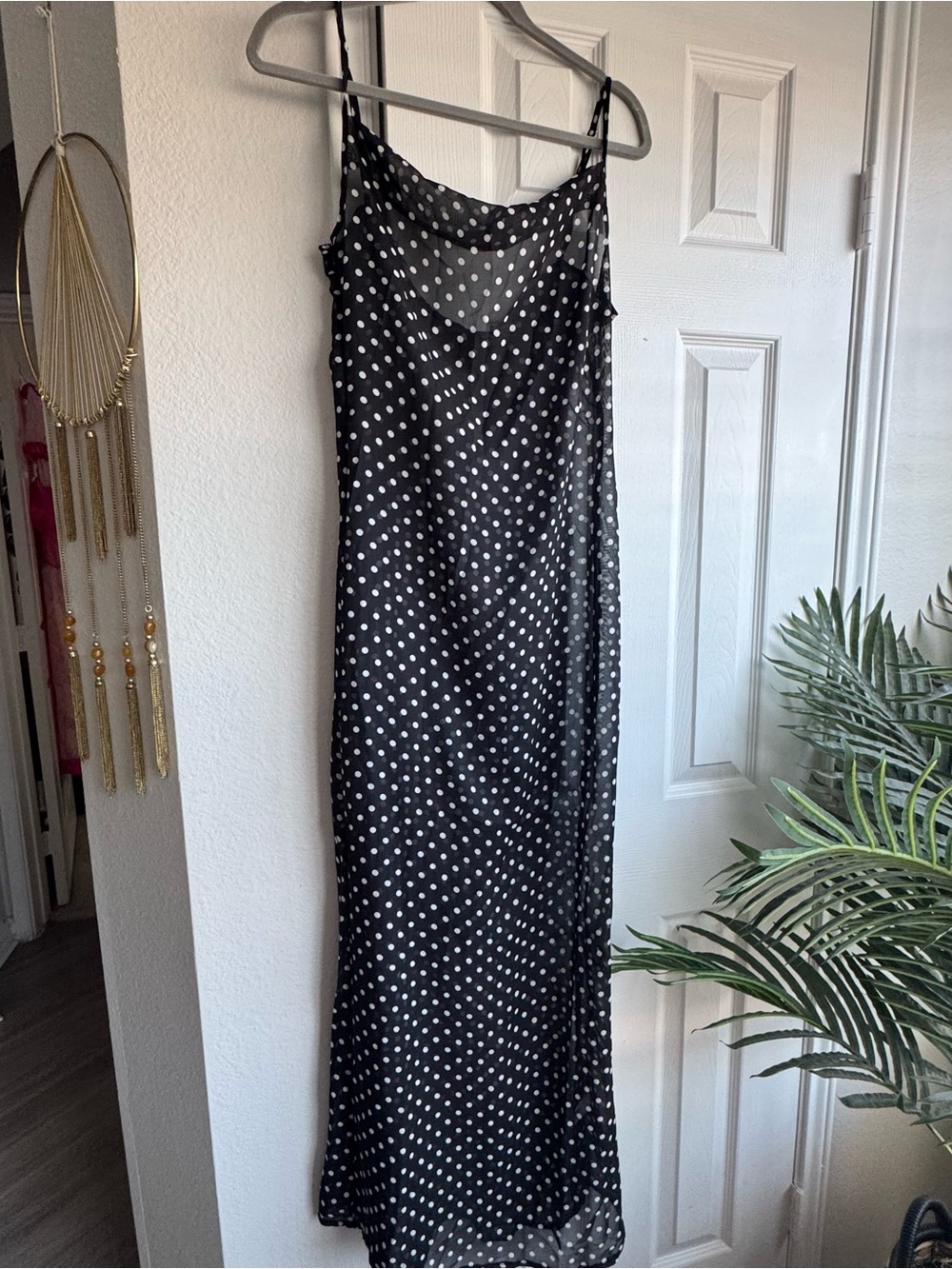Black & White Polka Dot Sheer Maxi Slip Dress Y2K Size Small